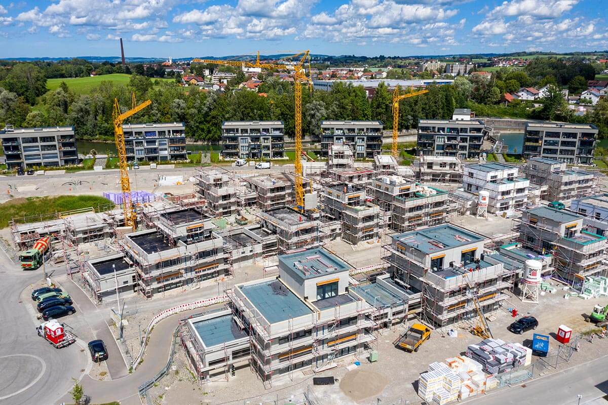 Neubaugebiet in Waltenhofen-Hegge an der Iller - illerbogen - Binova - Geiger Schmeh - Einfamilienhäuser - Neubauten - Baugebiet - Haus Baustelle Hochbau - Eigentumswohnungen - Kräne - ex Haindl